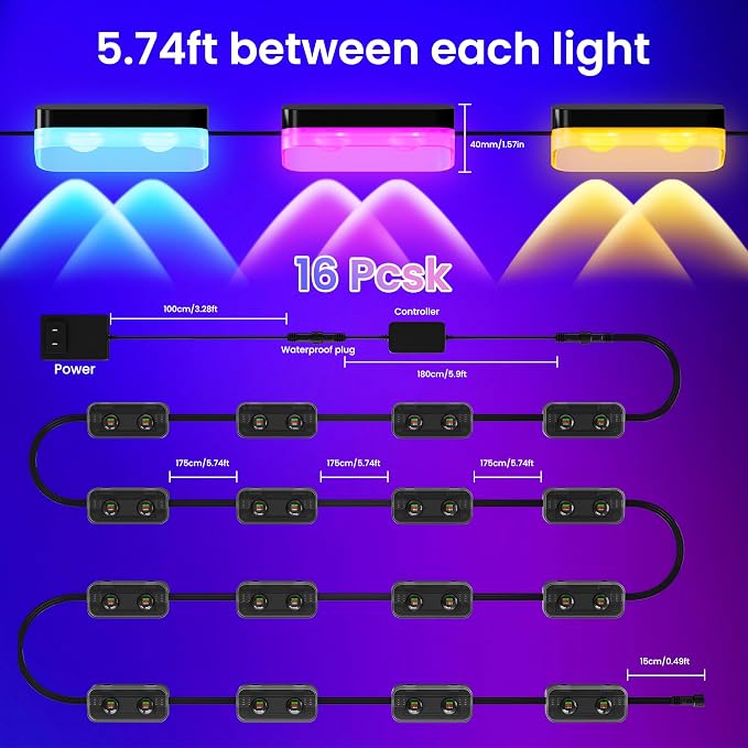 16 Pack 100ft Outdoor Deck Lights, Fence Lights APP/Remote Control | RGBICfence lights,16 Million Monochrome Modes,IP67 Waterproof, Color Changing Fence Lights for Fence