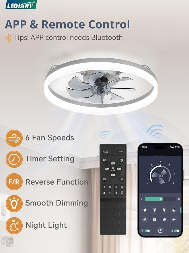 LEDIARY 20" Low Profile Ceiling Fans with Lights, APP & Remote, Grey | Flush Mount, Dimmable LED, Quiet DC Motor, Reversible, 6 Speeds, Fandelier, for Bedroom