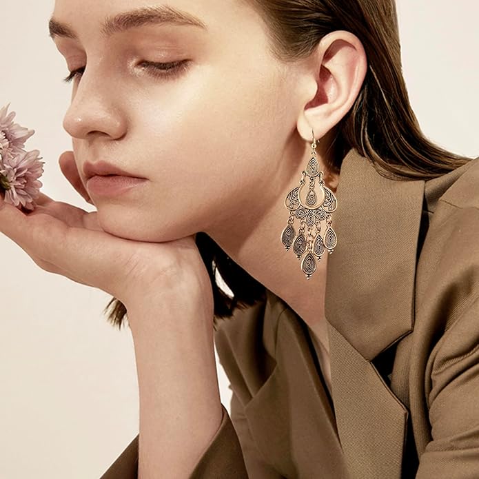 Unique Bohemian Vintage Bronze Chandelier Teardrop Flower Geometry Dangle Drop Earrings For Women