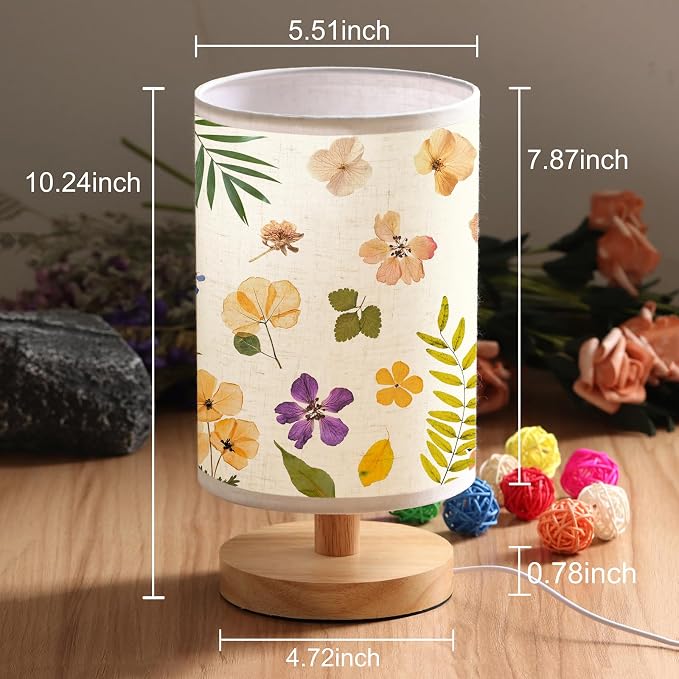 WSYEAR Flowers Table Lamp LED 3-Color Pressed Flower Bedside Lamp Linen Shade with Wood Base for Bedroom Living Room Desk Office