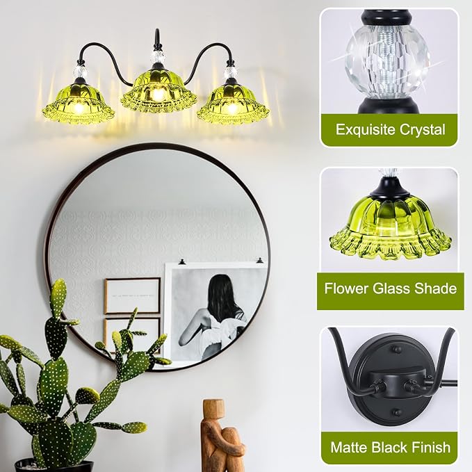 Vintage Bathroom Vanity Light Fixtures 3 Lights Matte Black Vanity Lights for Bathroom with Floral Green Crystal Glass Shades Vanity Wall Lights for Mirror Bedroom Living Room Hallway