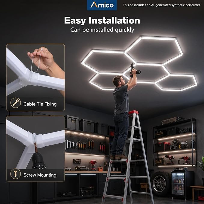 Amico Hexagon Garage Lights Dimmable & Tunable, 5 Hex Grid, Remote & Timer | 10-100% Stepless Dimming, 3500K-6500K Adjustable, 192W 21000LM Honeycomb LED Ceiling Lights for Garage Workshop Car Detailing