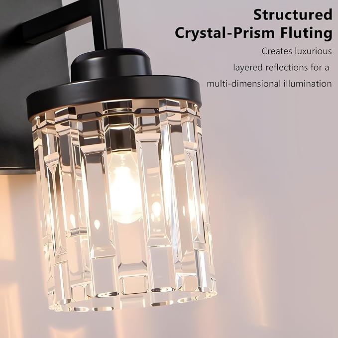 maesta Black Bathroom Light Fixture,3 Light Modern Vanity Light Over Mirror | Modern Vanity Light, Black Metal & Crystal Glass Fixture, Anti-Rust, Easy to Install for Bathroom Hallway Bedroom Entryway