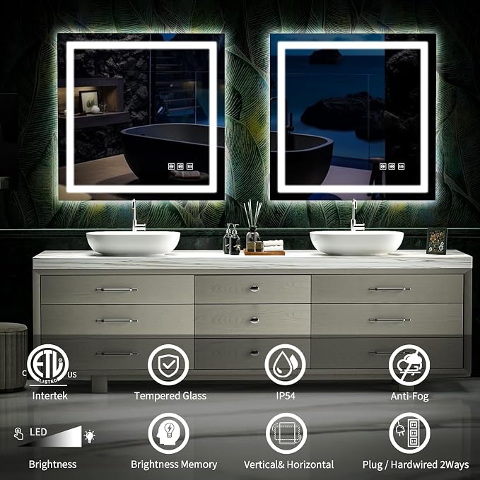 LED Mirror for Bathroom, 36x36 Inch Backlit + Front Lighted | Bathroom Vanity Mirror with Lights for Wall, Double Light Strips, 3 Colors, Shatter-Proof, Anti-Fog and Brightness Memory