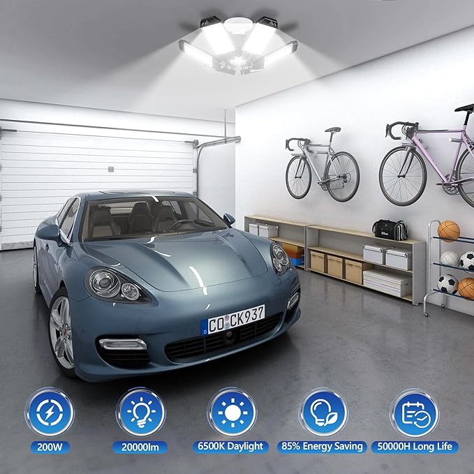 Garage Light 2 Pack - 200W 20000LM Garage Lights Ceiling LED 6500K with 6+1 Deformable Panels, Screw in E26/E27 Bulb Socket LED Shop Lights for Workshop Barn Basement Gym Bay Lighting