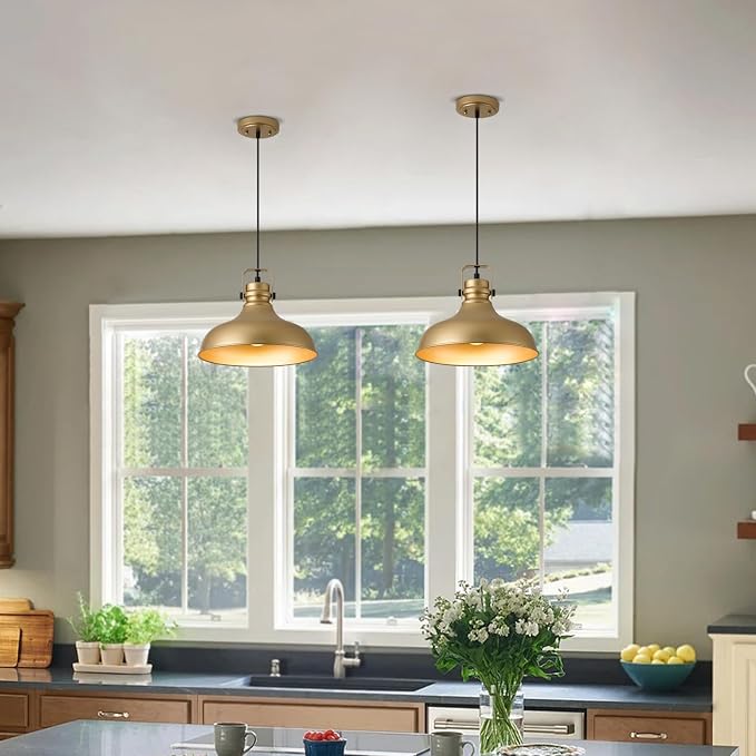 Gold Modern Pendant Lights Kitchen Island Fixtures | ETL Certificate,Industrial Adjustable Height Vintage Dome Hanging Light Fixtures for Barn,Dining Room 3 Pack
