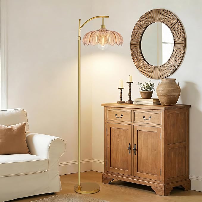 ILLMTW Gold Floor Lamp for Living Room,Bedroom,Mid Century Modern Standing Lamp with Remote,Dimmable Brass Tall Lamp Amber Glass Vintage Retro Arc Floor Lamps Flower Floor Light Boho Bohemian