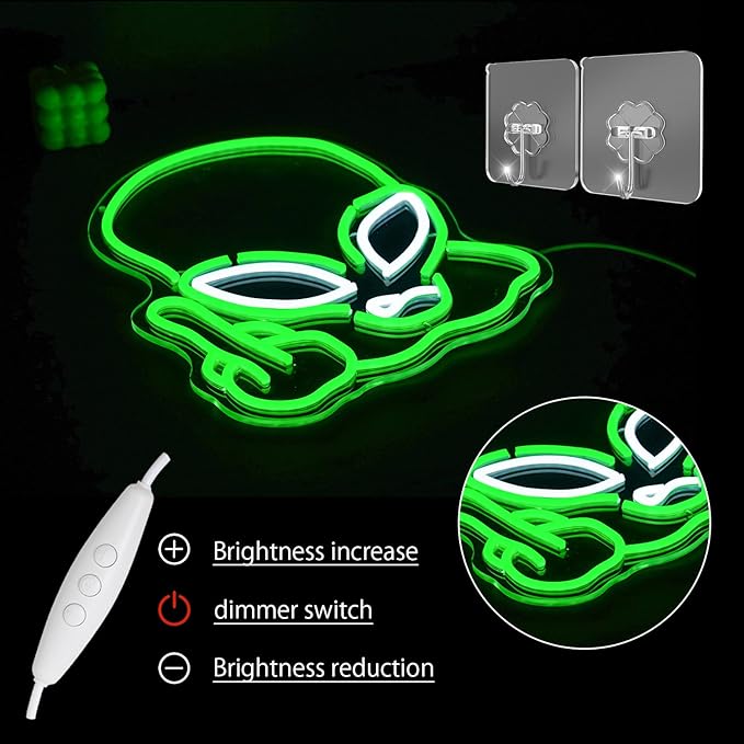 Alien Neon Sign for Wall Decor, USB Powered Green Game Room Neon Light, Green Alien LED Light Up Sign for Kids Birthday New Year Man Cave Teen Party Game Room Decoration