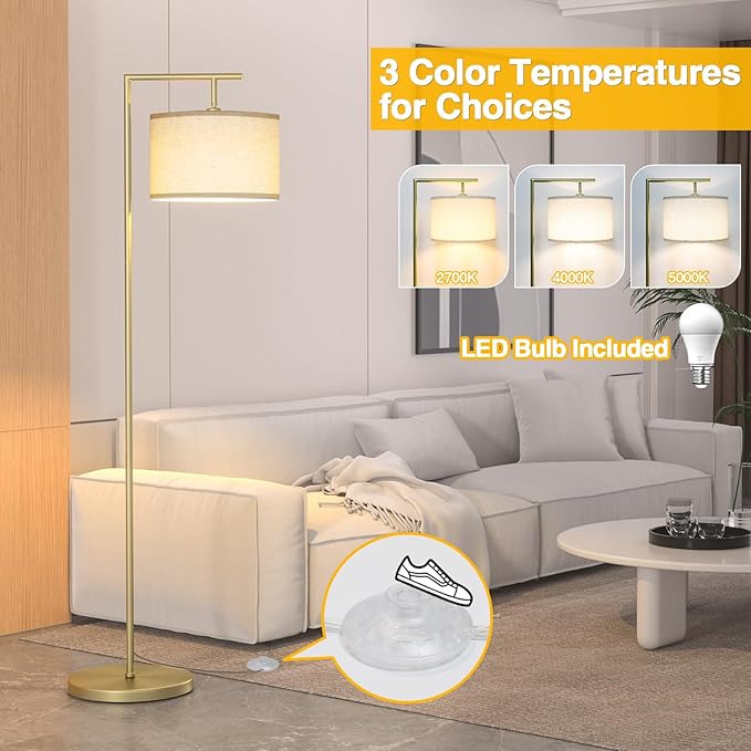 63" Gold Floor Lamp for Living Room, Modern Standing Lamp, 1 Pack | 3 Color Temperatures, Adjustable Beige Linen Lampshade, For Living Room Bedroom Office Classroom Dorm, 9W LED Bulb Included
