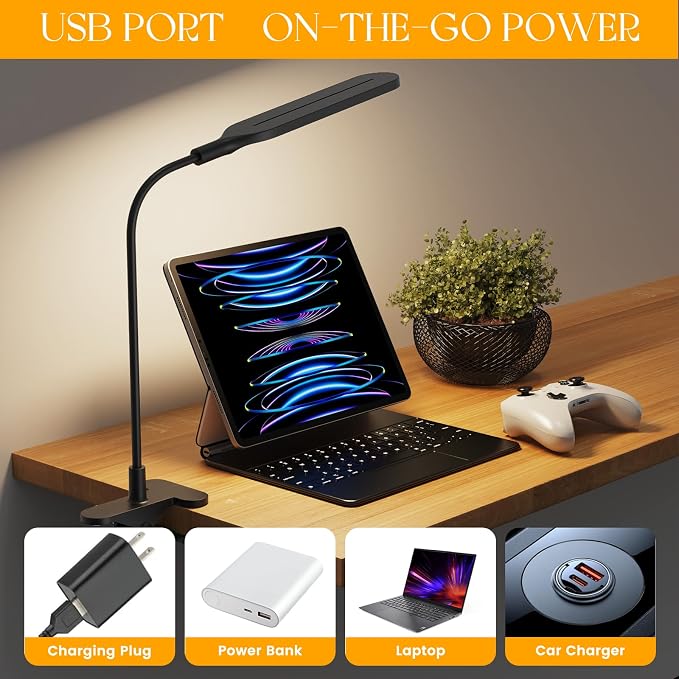 LED Clip on Light, 3 Color Modes & 10 Brightness Levels, 360° Flexible Gooseneck Clamp Lamp, Ultra Wide Brightness Range, USB Eye-Caring Table Light for Home Office/Reading/Painting, Black