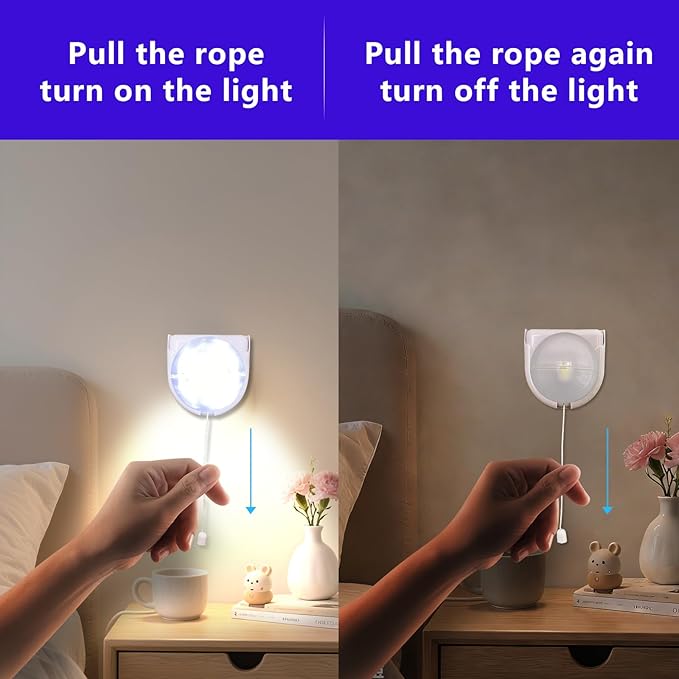 Stick-Up Light Bulb for Closet, 4Pack Battery Operated LED Light Bulb with Pull Chain, Wireless Self Adhesive Wall Mounted Lamp Fixtures for Cabinet Bedroom Living Room Kitchen, Clear Cover