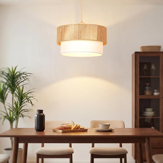 Qingmiao Boho Plug in Pendant Light, Handwoven Shade, 3 Way Bulb, 14ft Cord | Rattan Hanging Lamp Plug in, Dimmable Hanging Light Fixture for Living Room Bedroom Kitchen Ceiling Farmhouse Home Decor