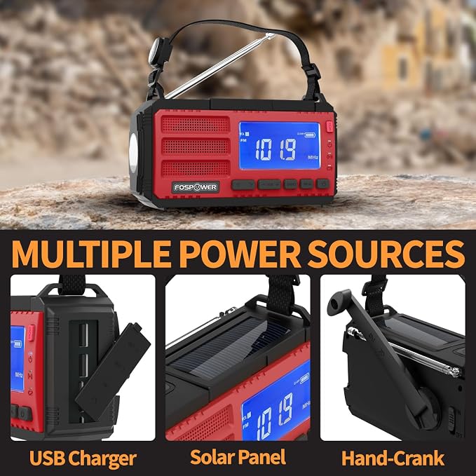 FosPower NOAA Emergency Weather Radio D8 37000mWh Portable Power Bank, AM/FM, USB/Solar/Hand Crank Charging, SOS Alarm & Flashlight for Indoor/Outdoor Emergency - Red