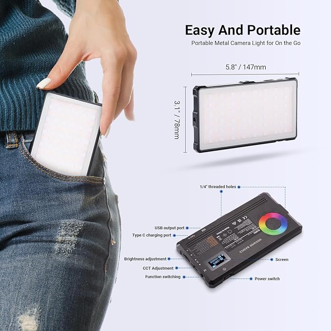 NEEWER Basics Full RGB Camera Video Light with Desk Tripod Stand, 8W CRI97 2700K-7500K 17 Scenes 4000mAh Portable Metal Small LED Panel Lighting for DSLR Streaming Photography Video Recording, SL90C