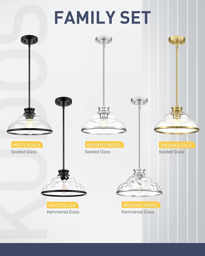 kudos 11 Inch Brushed Nickel Pendant Lights with Hammered Glass,KDPL14-BN-H | E26 Bulb Base, Hardwired, Farmhouse Styling, Adjustable Hanging Rods for Flat or Sloped Ceilings, for Kitchen Bars