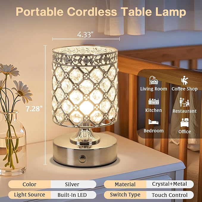 Silver Small Crystal Rechargeable Cordless Table Lamps Set of 2 | 6000mAh Battery, 3 Color Temps, Stepless Dimming, Touch Control, Portable Wireless Night Light for Bar Bedroom Living Room