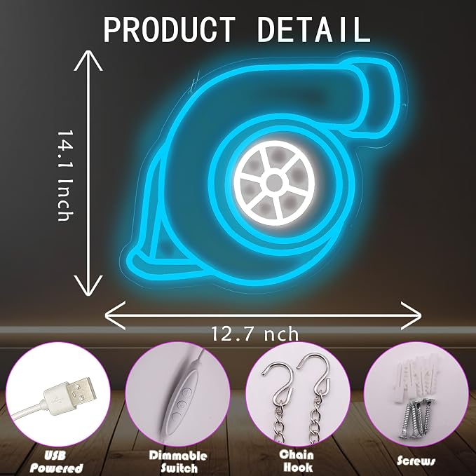 Turbo Neon Signs USB Powered, LED Garage Light for Man Cave Decor | Turbo LED Signs Wall Decor for Garages, Repair Shops, Workshops and Automotive Spaces