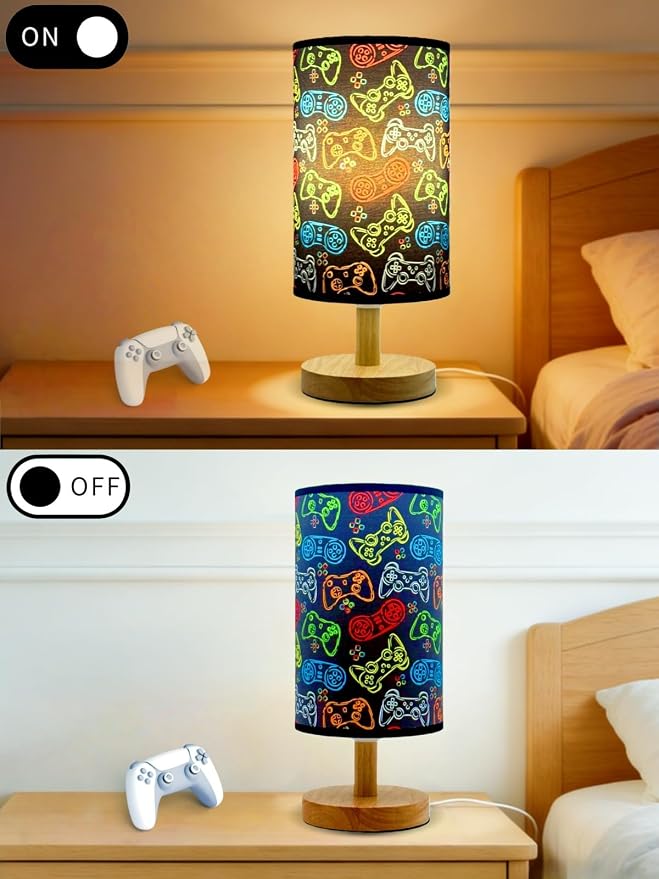 Video Game Table Lamp,Night Light for Kids Room,Cartoon Bedside Lamp 3-Color Dimmable LED Desk Lamp with Linen Lampshade and Wood Base for Bedroom Living Study Home Decor for Practical Gift for Boys