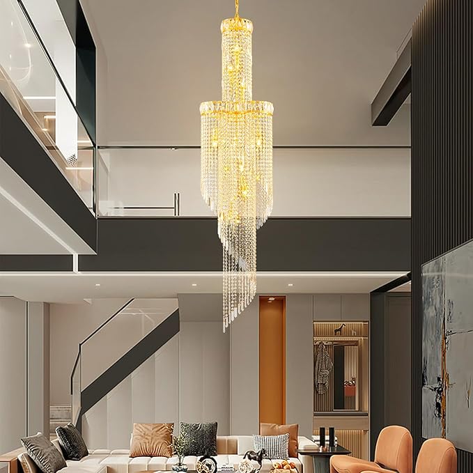 73-Inch Spiral Crystal Beaded Strands Chandelier for High Ceiling, 9-Lights Luxury Gold Foyer Pendant Light, Modern Semi-Flush Mount Ceiling Light Fixture for Entryway Staircase