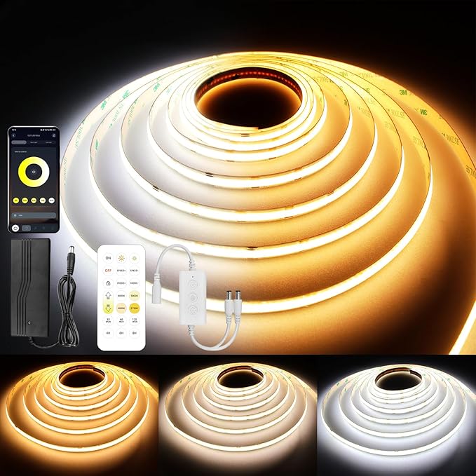 CCT COB LED Strip Lights, 65.6ft Dimmable 2700K-6500K 24V Tunable White LED Light Strip Kit, High Density CRI 90+ LED Strips with Remote Controller and Power Supply.2 Rolls of 32.8ft