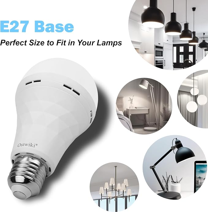 2 Pack Rechargeable Emergency Light Bulbs for Lamps 8500K White Equivalent | Battery Operated Light Bulb 9W E27 Self-Charging LED Bulbs for Power Outage Camping Outdoor Activity
