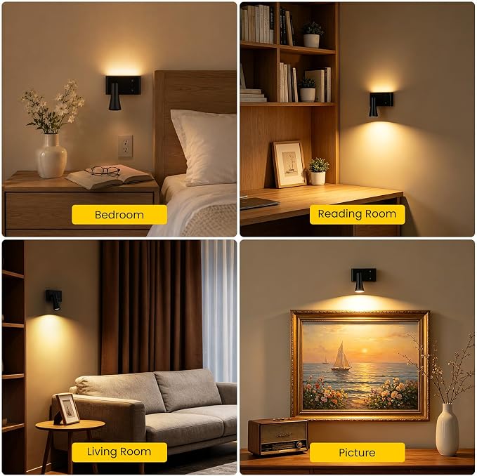 Koopala Battery Operated Wall Sconce, 10000mAh Dual Head Reading Light | LED Wall Lights with 3 Color Temperatures Dimmable, Remote &Touch, Wireless Sconces for Bedroom Living Room Hallway