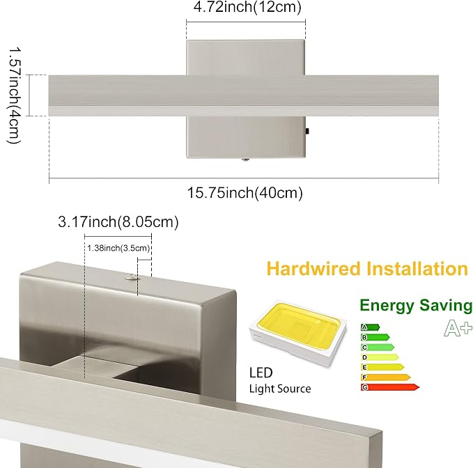 Nickel Bathroom Vanity Light Fixture 15.7'' 20W Dimmable 5CCT LED Hardwired | Bathroom Light Fixture Over Mirror, Bathroom Wall Sconce, Rust-resistant, ETL Certificated, 2700K/3000K/3500K/4000K/5000K