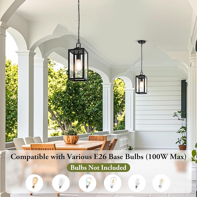 Outdoor Pendant Light, Modern Hanging Lantern for Porch, Black | Hanging Height Adjustable, Waterproof, Rust-Resistant, Durable Metal & Clear Glass, Standard E26 Sockets, Easy to Install