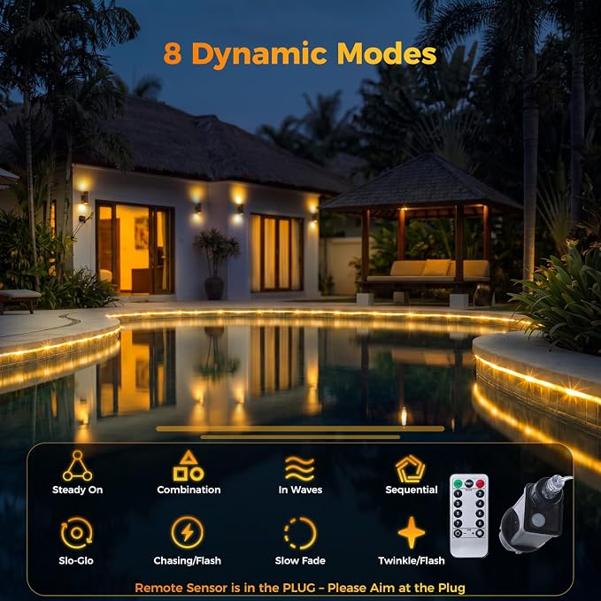 Connectable 50ft 300LED Rope Lights Plug in for Outdoor Indoor | End to End Tube Lights IP65 Waterproof with 8 Modes Remote Timer for Patio Backyards Garden Porch Pool Tree Decor, Warm White