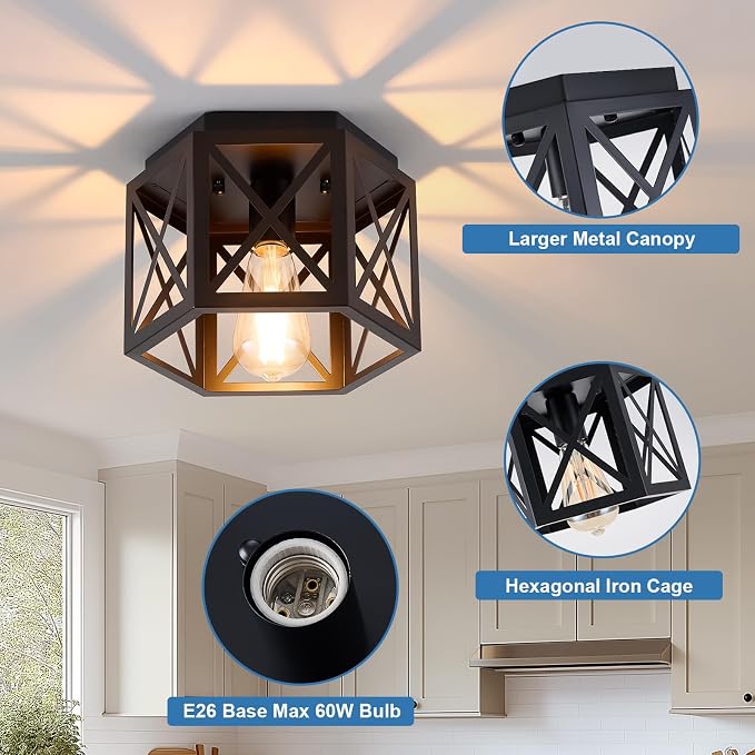 XSDeTu 2 Pack Flush Mount Ceiling Light, 1-Light Black Light Fixtures Ceiling Mount, Small Flush Mount Lamp with Hexagonal Metal Cage, Farmhouse Chandeliers for Hallway Kitchen Sink Entryway Foyer