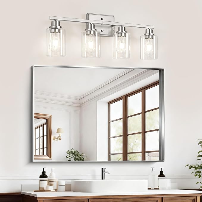 Modern Brushed Nickel Bathroom Light Fixtures, 4-Light Vanity Lights Over Mirror with E26 LED Bulbs Included, Wall Sconce with Clear Glass Shades for Living Room Bedroom Hallway Kitchen
