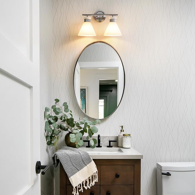 WOSHITU Bathroom Vanity Light Fixtures - Brushed Nickel Bathroom Lighting Fixtures Over Mirror 2-Lights with Modern Milky White Frosted Glass Shade, Mid Century Wall Light 17.3in (Exclude E26 Bulb)