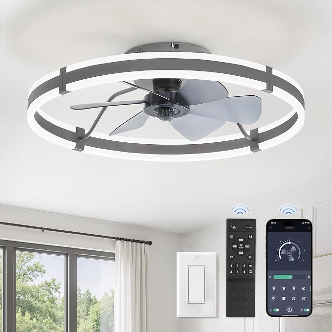 ZMISHIBO Low Profile 24'' Ceiling Fans with Lights and Remote, Gray | 3000-6000K Dimmable LED Fandelier, Quiet DC Motor, Reversible Airflow, 6 Wind Speeds, Timer, Bedroom, Living Room, Kitchen