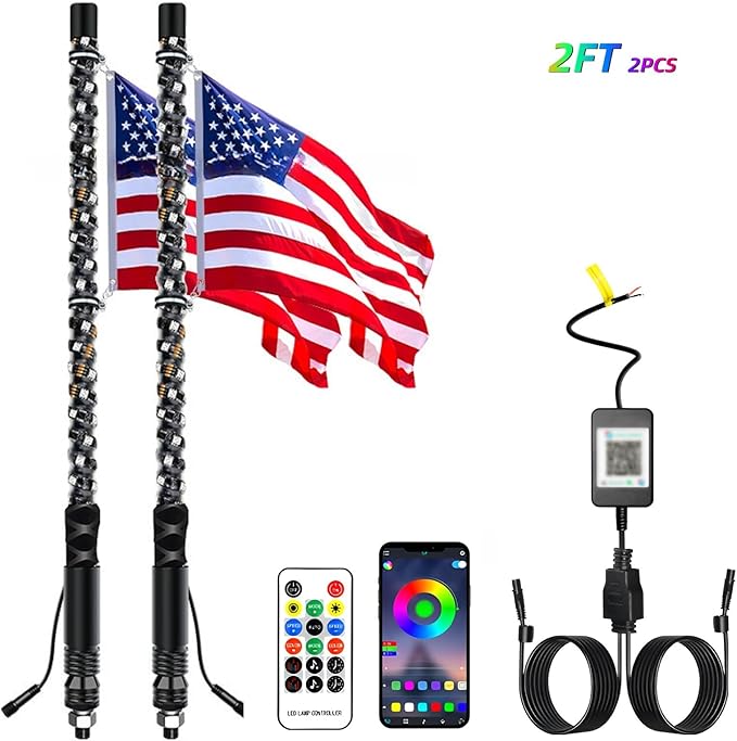 S7 2PCS 2FT Led Whip Light/Spiral RGB Remote Control Lighted Antenna Whips for Can-am ATV UTV RZR Polaris Dune Buggy 4-Wheeler Offroad Truck (2FT)