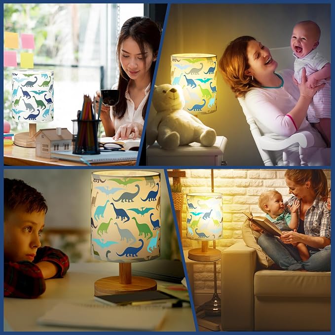 Dinosaur Kids Table Lamp for Bedroom Kids Bedside Lamp with Linen Wooden Nightstand Cartoon Nursery Lampshade for Girls Boys Living Room