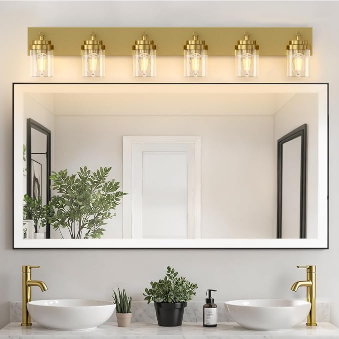 IZORRO Bathroom Vanity Light Fixture, 6-Light 46 Inch Gold Bathroom Light Fixtures Over Mirror, with Clear Glass Shade, Modern Farmhouse Vanity Lights, Rustic Restroom Lighting Fixtures