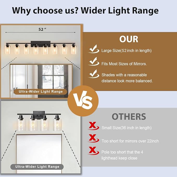 IZORRO Modern Bathroom Light Fixtures, 8 Light Black Vanity Lights, Bathroom Lighting Fixtures Over Mirror with Clear Glass for Living Room Cabinet Bedroom