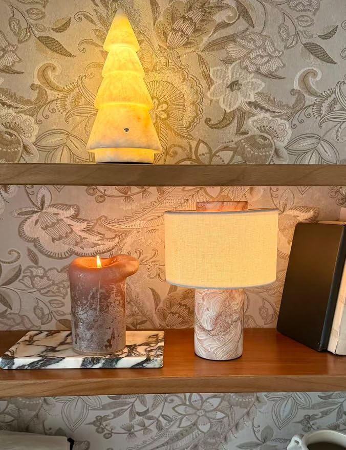 BSOD Pink Shell Marble Lamp Stone Lamps - Fossil Marble Table Bedside Cordless Luxury Cute Design Bedside Lamp for Home Decor, Bedroom, Living Room & Gifts (Rechargeable Pink Lumachella Lamp)