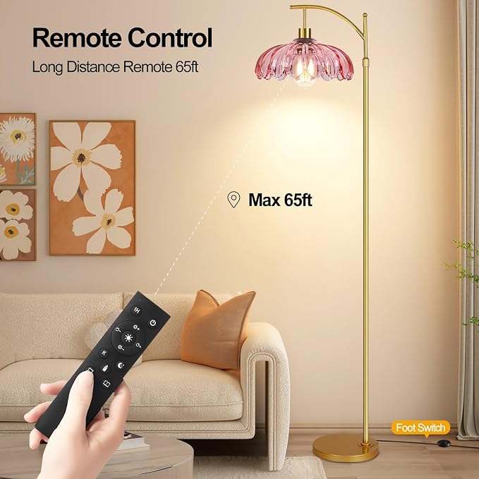 ILLMTW Floor Lamp for Living Room,Bedroom,Gold Dimmable Standing Lamp with Remote,Mid Century Modern Brass Tall Lamp Retro Vintage Pink Glass Lamp Floor Light Boho Bohemian
