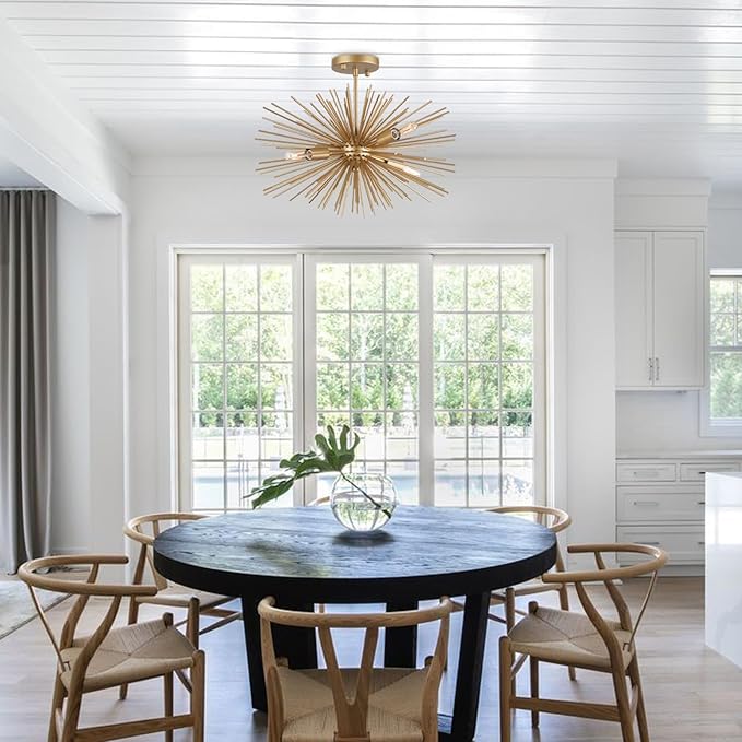 Modern Sputnik Chandelier Ceiling Light Fixture,4-Light Gold Semi Flush Mount Ceiling Light,20in Solid Metal Starburst Satellite Urchin Chandelier for Entry Dining Room Bedroom Kitchen Foyer
