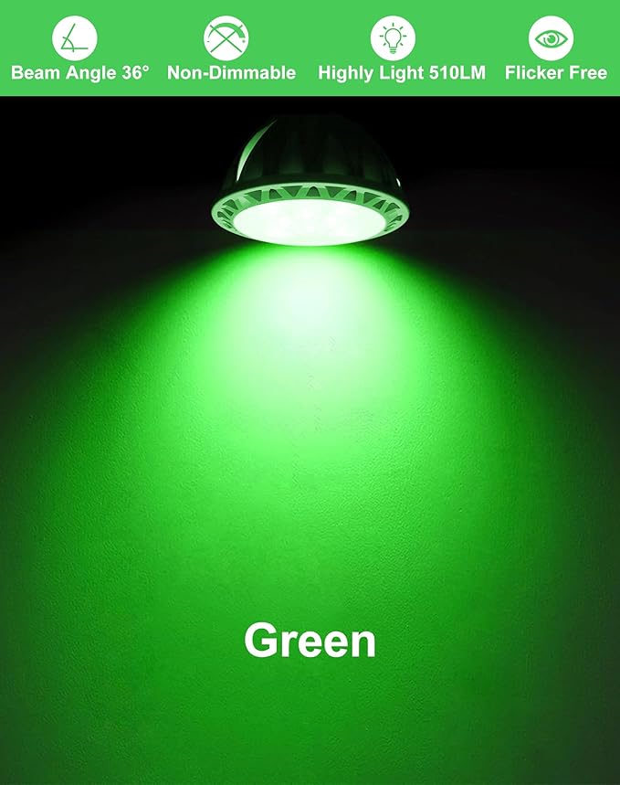 6-Pack MR16 Green LED Bulbs-Natural 5W 50W Halogen GU5.3 Base 12V 38° Beam for Garden, Plant Growth, Yard Accent & Eco Lighting