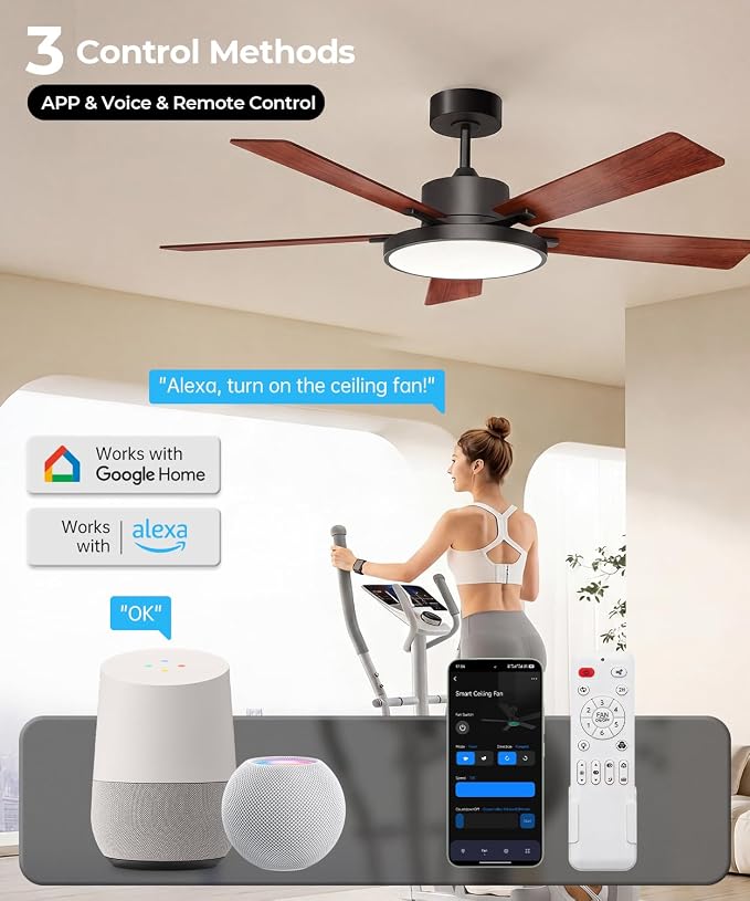 RGBCW Smart 52" 2600LM LED Ceiling Fan Light with Remote, Brown | Alexa/Google/App Control, Reversible DC Motor, 6 Speeds & 2 Fan Modes, Dimmable, Quiet Fan for Bedroom, Living & Gaming Room