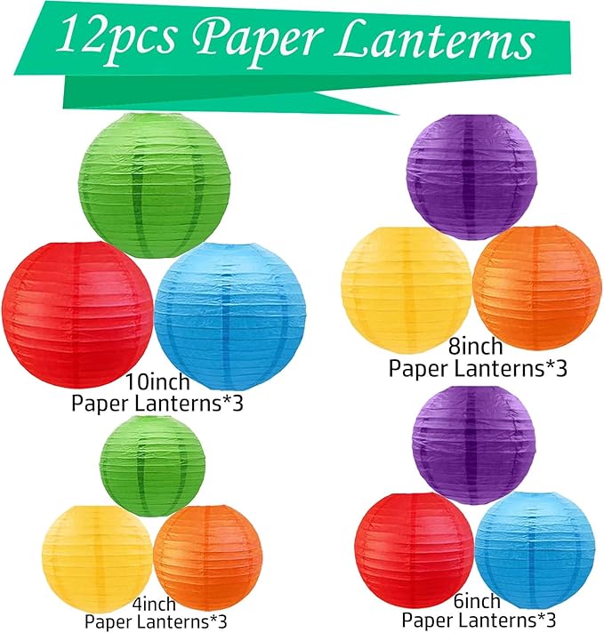 Rainbow Paper Lanterns 12Pcs Colourful Hanging Lanterns for Birthday Party, Wedding, Home Decor, Baby Shower Festive Decoration