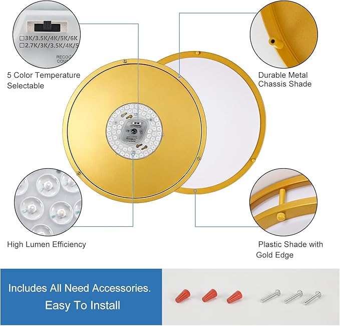 DLLT Flush Mount LED Ceiling Light: 2Pack 16 Inch 5CCT (3000K-6000K) & Dimmable Ceiling Light Fixtures for Bedroom Hallway - 36W Modern Gold Super Bright Kitchen Lighting Fixtures Ceiling