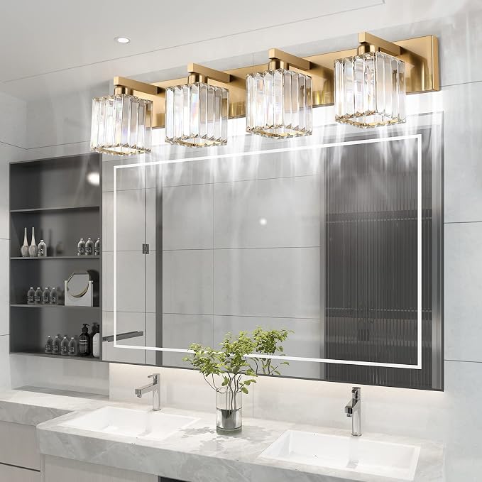 Aipsun Bathroom Lighting Fixtures Modern Crystal Vanity Light Brass 4 Light Bathroom Vanity Light (Exclude Bulb)