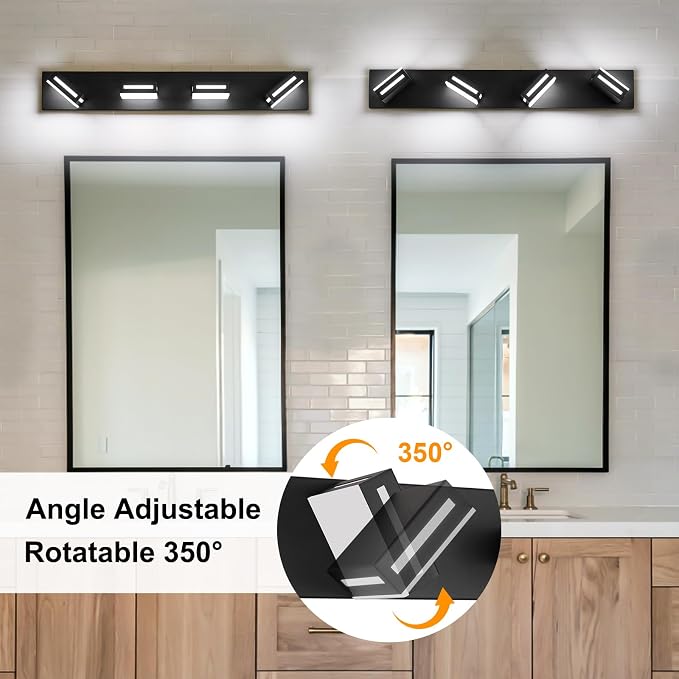 LED Modern Bathroom Light Fixtures, 4-Light 30-Inch Matte Black Vanity Lights for Bathroom Lighting Fixtures Over Mirror, 6000K Cool White 350° Rotatable Wall Lamp