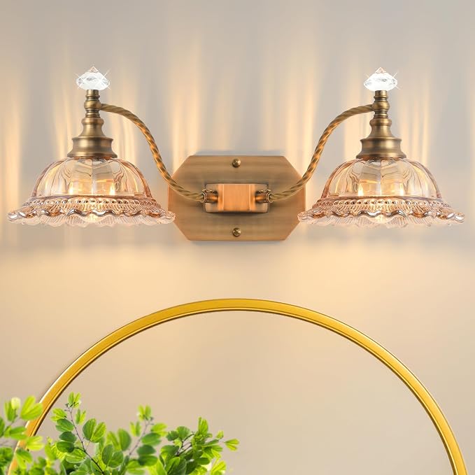 Vintage Bathroom Light Fixtures, 2 Light Brass Vanity Lights with Champagne Crystal Glass Flower Shade, Retro Wall Sconce for Bedroom, Living Room, Hallway