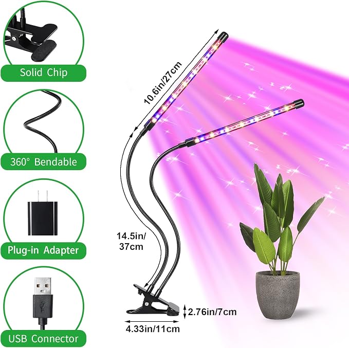 2 Head 2 Pack LED Plant Grow Light with Flexible Gooseneck, Suitable for Indoor Plants, Full Spectrum Clip on Plant Growing Light with Red, Blue, Yellow Beads, 10 Brightness Levels, 3/9/12H Auto Timer