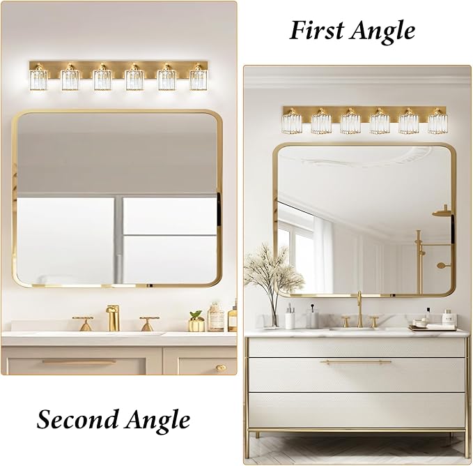 Gold Crystal Bathroom Vanity Light, 6-Light Modern Bathroom Lighting Fixtures Over Mirror,Chrome Wall Sconce Light Fixtures with Square Shade