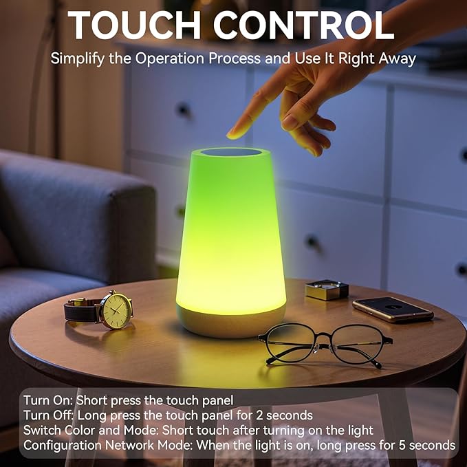 Auxmir Smart Night Light, App/Voice Control Table Lamp with Timer(Corded) | works with Alexa and Google Assistant, touch control, RGB colors and dimmable lighting, 100+ scene modes and music sync
